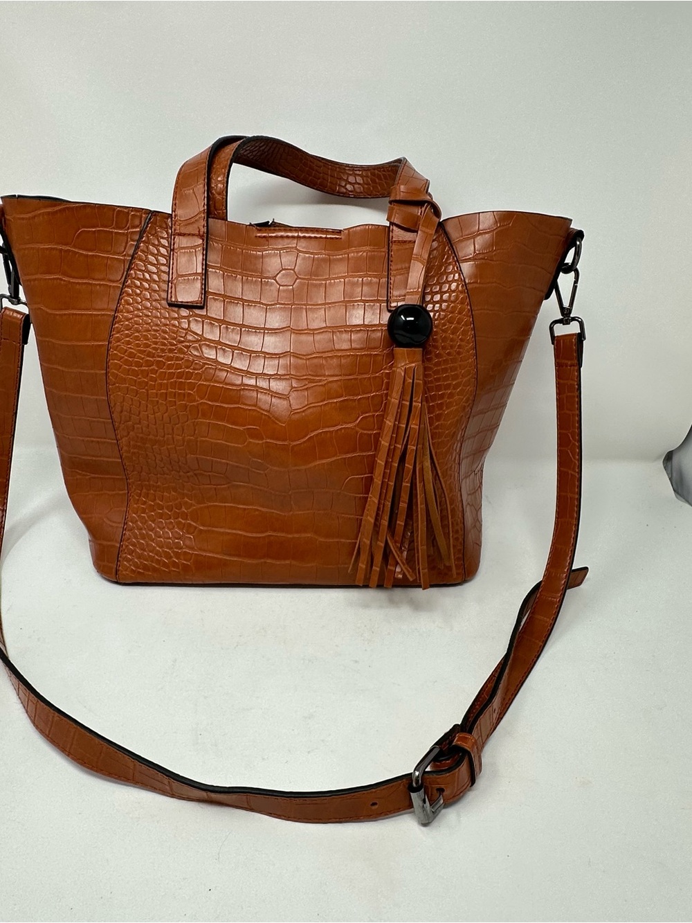 Crocodile Embossed Faux Leather Tote Bag Brown Tassel Shoulder Handbag READ